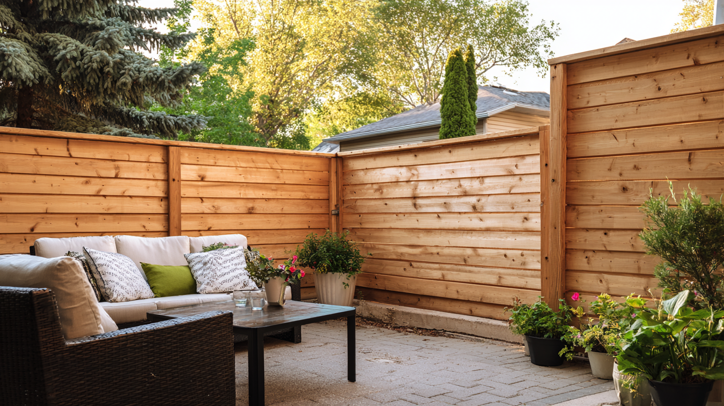 Backyard patio enclosed by a wooden sound barrier fence